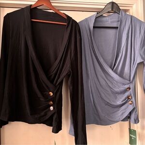 NWT! (2) Halara Ribbed Knit V-neck Crossover Long Sleeve Tops (blue & black)